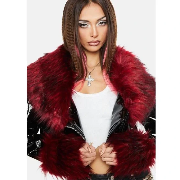 BRAND NEW y2k fur trim leather jacket - Picture 2 of 3